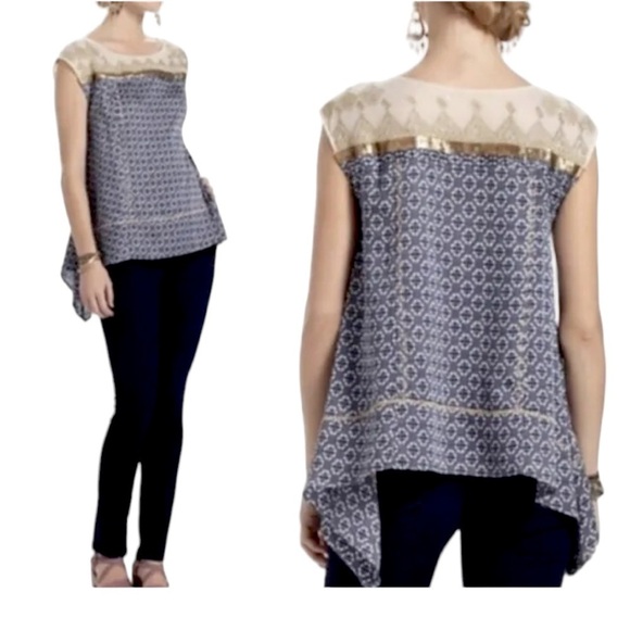 Anthropologie Floreat Gold Stream Sequin Trim Mesh Swing Blouse Size Small - Picture 2 of 16